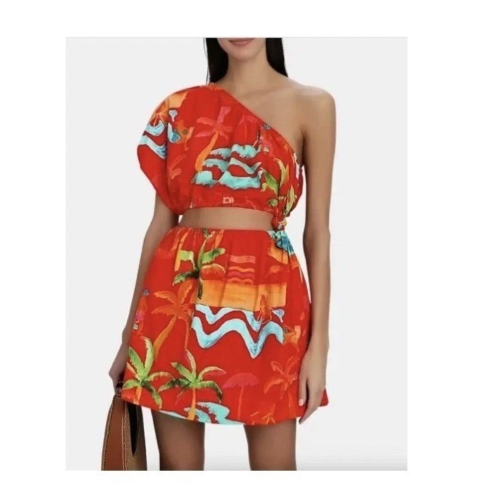 Farm Rio Ipanema One Shoulder Linen Cutout Mini Dress Boho NWT Large